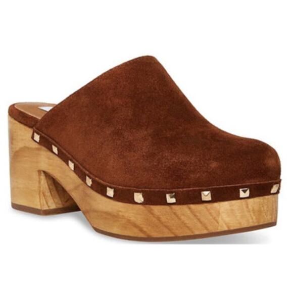 Steve Madden Shoes - Steve Madden Brown Suede Studded Wooden Platform Clogs